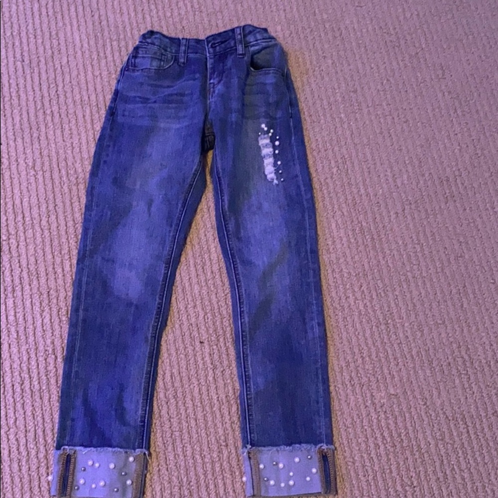 dark blue straight leg jeans with pearls